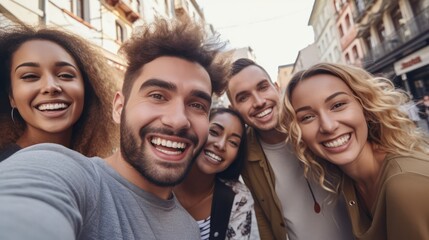Multicultural young people smiling together at camera outside - Happy group of friends taking selfie pic walking on city street - Friendship concept with guys and girls enjoying sunny day in downtown - obrazy, fototapety, plakaty