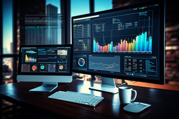 Fototapeta premium Market Analysis Command Center: Trading Dashboard with Multiple Monitors