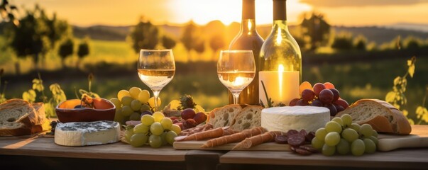Picnic with white wine served outside with cheese and charcuterie, sunset light - obrazy, fototapety, plakaty
