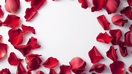 A circular frame made of delicate red rose petals on a white background. 