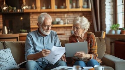 Senior old elderly spouses grandparents reading documents, having issue problem debt with money loss, doing paperwork together at home. Mortgage, loan and commerce procedures