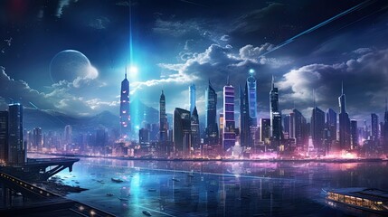 Modern, dynamic, glowing city lights, technologically advanced, urban skyline, nocturnal, futuristic design. Generated by AI.
