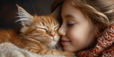 Adorable friendship: cute girl and kitten relaxing, showing the beauty of children's communication at home.
