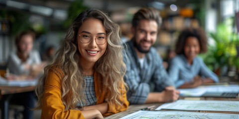 Collaborative office: Diverse team of professionals discuss, work together on laptops, promote teamwork and communication.