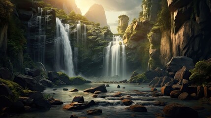 Majestic cascade flows down a rugged cliffside. Picturesque waterfall, rocky terrain, natural wonder, stunning landscape, cascading beauty. Generated by AI. - obrazy, fototapety, plakaty