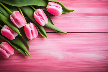 Bouquet Of Pink Tulips Flowers On Vintage Wooden Background With Copy Space - Generative AI