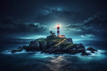 Rolgordijnen lighthouse at night, storm clouds, cinematic blue light, storm in the dark ocean © Денис Богдан