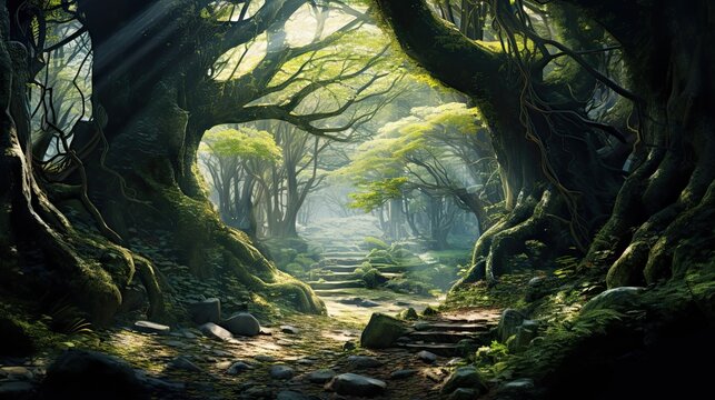 Hidden forest shrouded in mystical mist, graced by ancient gnarled trees. Enigmatic appeal, ethereal fog, time-worn woodland, twisted trunks, magical ambiance. Generated by AI.