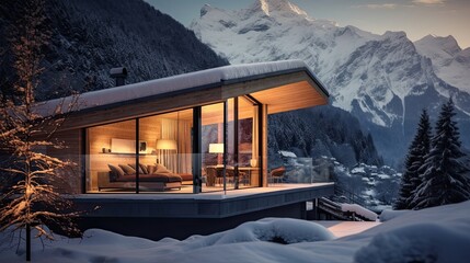 Alpine Swiss chalet set amidst the beauty of snow-capped mountains. Mountain retreat, snow-dusted peaks, picturesque chalet. Generated by AI.