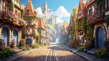 Serene settlement with winding cobblestone streets. Quaint village, meandering pathways, historic cobblestone roads. Generated by AI. - obrazy, fototapety, plakaty