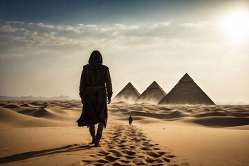 silhouette of man walking in desert to pyramids