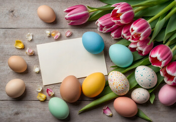 A still life depicting a happy Easter at home with spring flowers, tulips and colorful eggs and a place for text