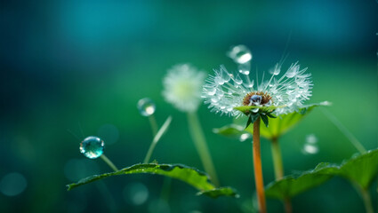  Beautiful shiny dew water drop on dandelion seed in nature macro. Soft selective focus, sparkling bokeh. Dark blue green background ai image