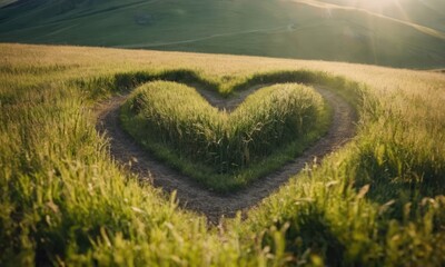 The grass on the overgrown hillside is divided by a heart-shaped path.