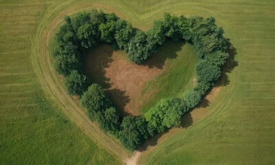 The trees are planted in the shape of a heart in the middle of a green meadow