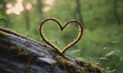 A small branch bent in the shape of a heart in an old forest.