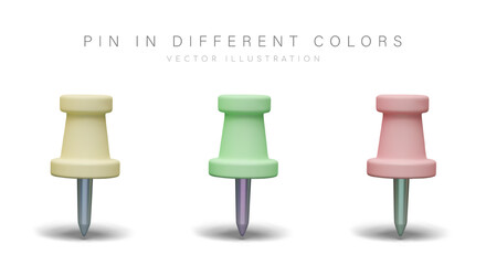 Realistic pin in different colors. Stationery objects in yellow, green, and pink colors