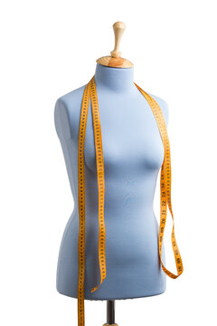 Blue tailor dummy mannequin with measuring tape. Transparent PNG
