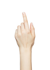 Female hand pointing, clicking, touching virtual screen. Transparent PNG