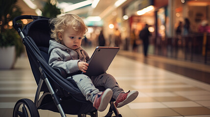 Toddler in the mall, watching an ipad - obrazy, fototapety, plakaty