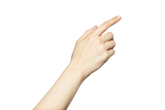 Female hand pointing, clicking, touching virtual screen. Transparent PNG