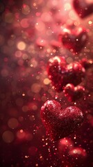 Abstract background for Valentines Day with red Hearts copy space. Vertical banner. AI Generated