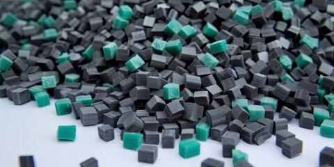  3d black green tiny plastic cylindrical grains , black green plastic polymer pellets,polymer for pipes, Plastic and polymer industry,gray green black PVC granulate.Microplastic products.
