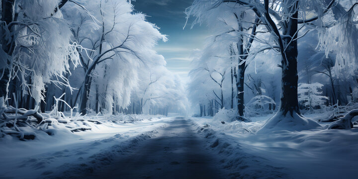 Snowy Forest with Pathway. Winter Landscape. Fairy Tale Illustration