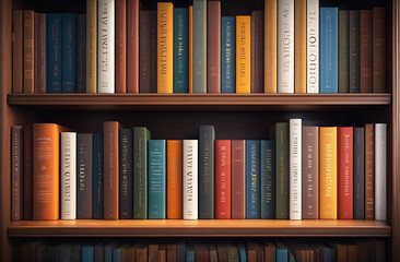 Books spines rows standing on shelves. Old bookshelf, library for study