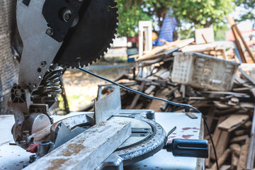 Close up electric sawdust in carpenter work place