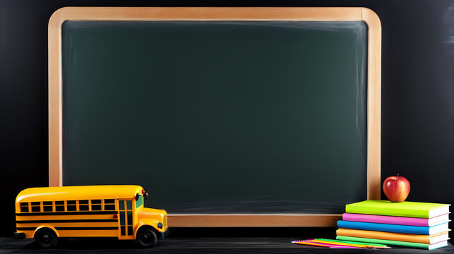 School bus and stationery on blackboard background.