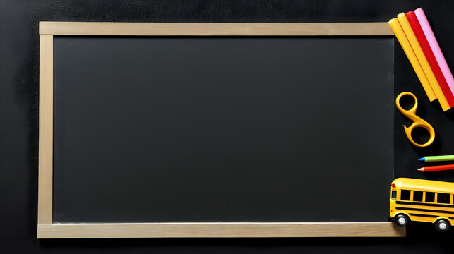 School bus and stationery on blackboard background.
