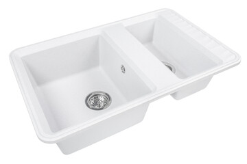 white stone kitchen sink two bowls isolated