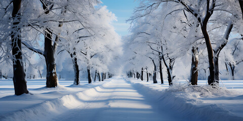 Stunning panorama of snowy landscape in winter with path in the middle. Winter wonderland