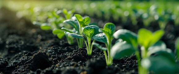 Planting young lettuce seedlings in the soil. Healthy organic food concept. - obrazy, fototapety, plakaty