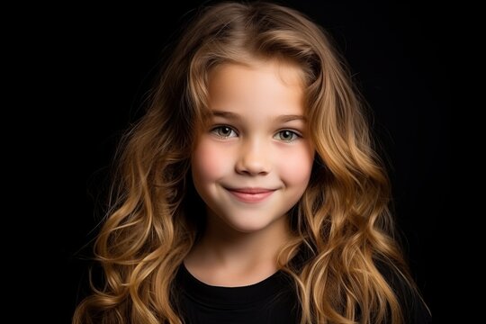 Portrait of a beautiful little girl with long curly hair on black background