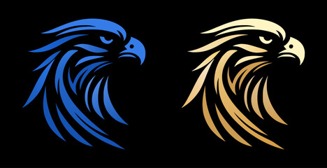 eagle head elegant logo (blue, gold) on black background