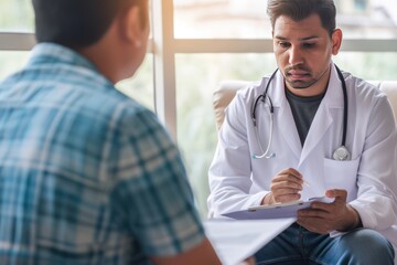 Fototapeta premium A smiling male doctor in a professional uniform holding a clipboard, working in a medical office with a computer, surrounded by a healthcare team in a hospital setting