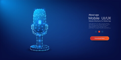 Futuristic Digital Microphone in Wireframe Style. A modern representation of a microphone with a glowing wireframe design set against a dynamic blue backdrop, symbolizing technology in sound. Vector