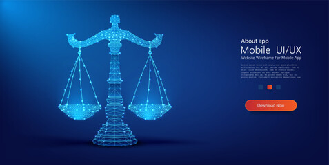 Glowing Scales of Justice in Blue Wireframe on Deep Blue Background. Symbol of law and justice, digital scales in a wireframe design, shining on a dark blue backdrop, representing legal technology.
