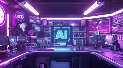 High Tech Lab with AI Chip and surrounded by various electronic devices, AI, Artificial Intelligence concept, futuristic and technological background