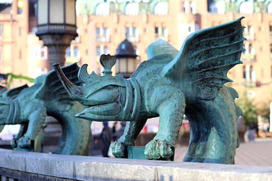 Copenhagen City Hall, green mascaron gallifant (bronze chimera dragon) on the fence at the entrance to the building, Copenhagen, Denmark