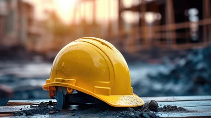 Foto op Plexiglas Construction concepts. yellow safety helmets blueprints on the engineering desks. Hard safety wear helmet hat on desks at construction site © STORYTELLER AI