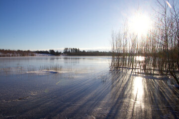 Frozen lake in sunshine on a winter day