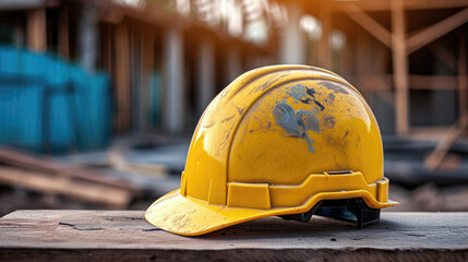 Construction concepts. yellow safety helmets blueprints on the engineering desks. Hard safety wear helmet hat on desks at construction site