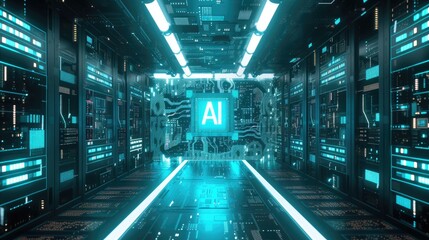 Fototapeta premium High Tech Lab with AI Chip and surrounded by various electronic devices, AI, Artificial Intelligence concept, futuristic and technological background