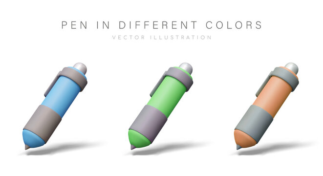 Automatic realistic pen in tilted position. Set of objects of different colors