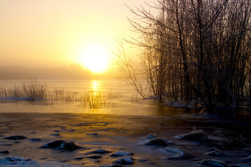 Fototapeta na wymiar Misty sunrise at the lake shore in a lovely morning