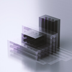 Abstract concept. Glass colored cubes fly out of white cells on the floor. Blue purple color. 3d...
