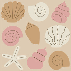 Cute and simple vector pattern with different Sea Shells in a row. Hand drawn seamless texture with exotic ocean shells. Beautiful marine background
